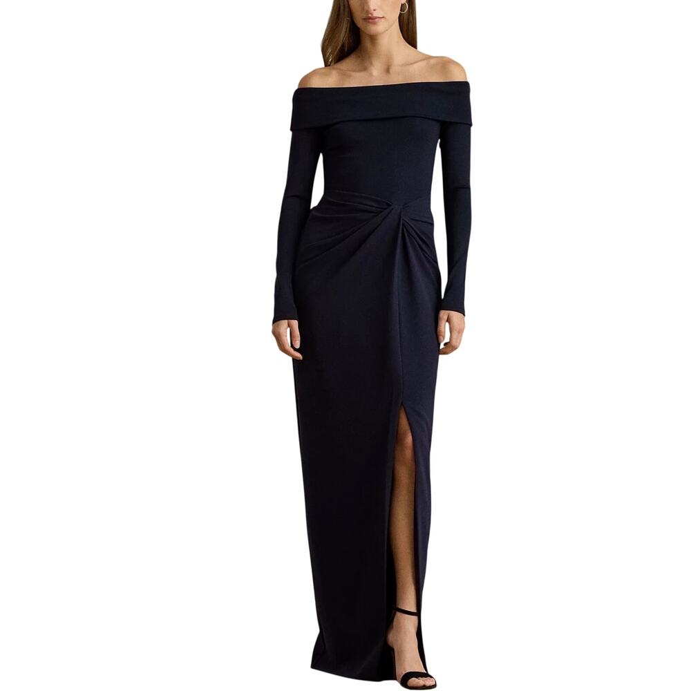 Ralph Lauren Blue Evening Gown Off the Shoulder Long Sleeve Column Dress Size 12